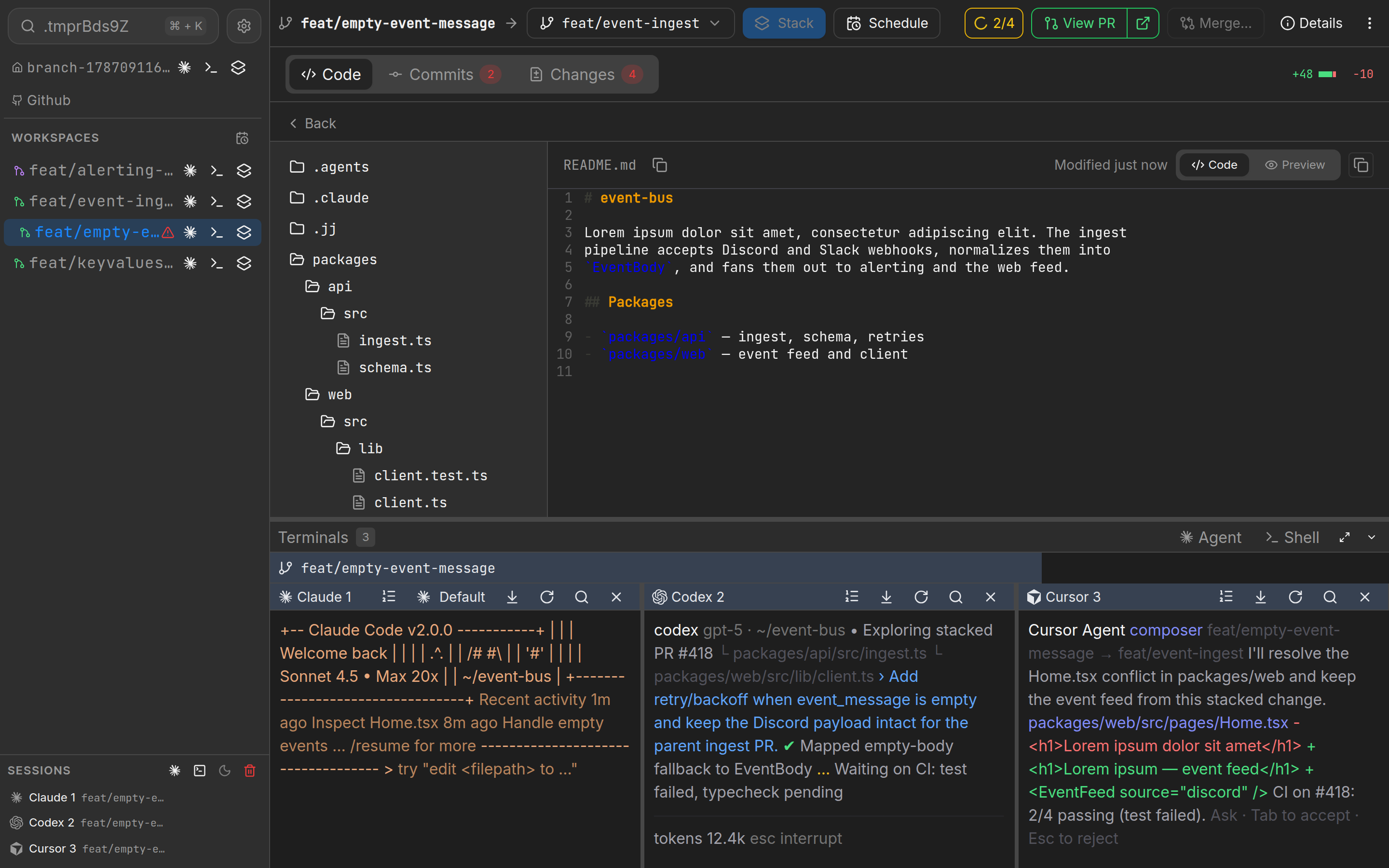 Agent prompt: Split the work across 3 agents in 3 different workspaces